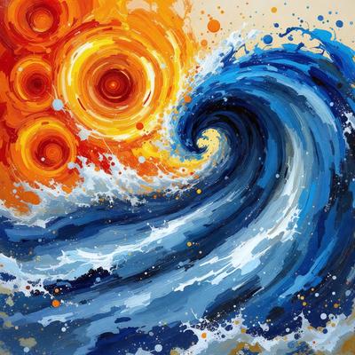 The primary subject of the image is a painting of a wave, featuring a mix of blue and orange colors. The setting is a painting of a wave, and the visual style is a painting. The dominant colors are blue and orange, creating a vibrant and dynamic atmosphere.